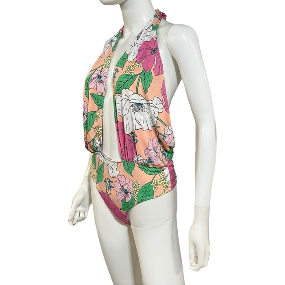 AFRM Spring Blush Bouquet Rosa Cross Halter Plunge Neck Bodysuit, M - Picture 9 of 10